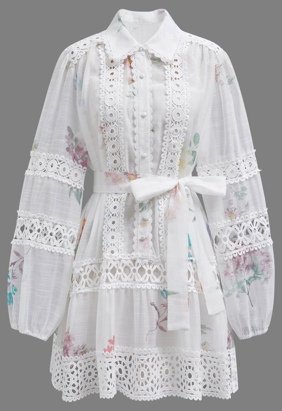 Botanical Print Cutwork Lace Panelled Organza Mini Dress