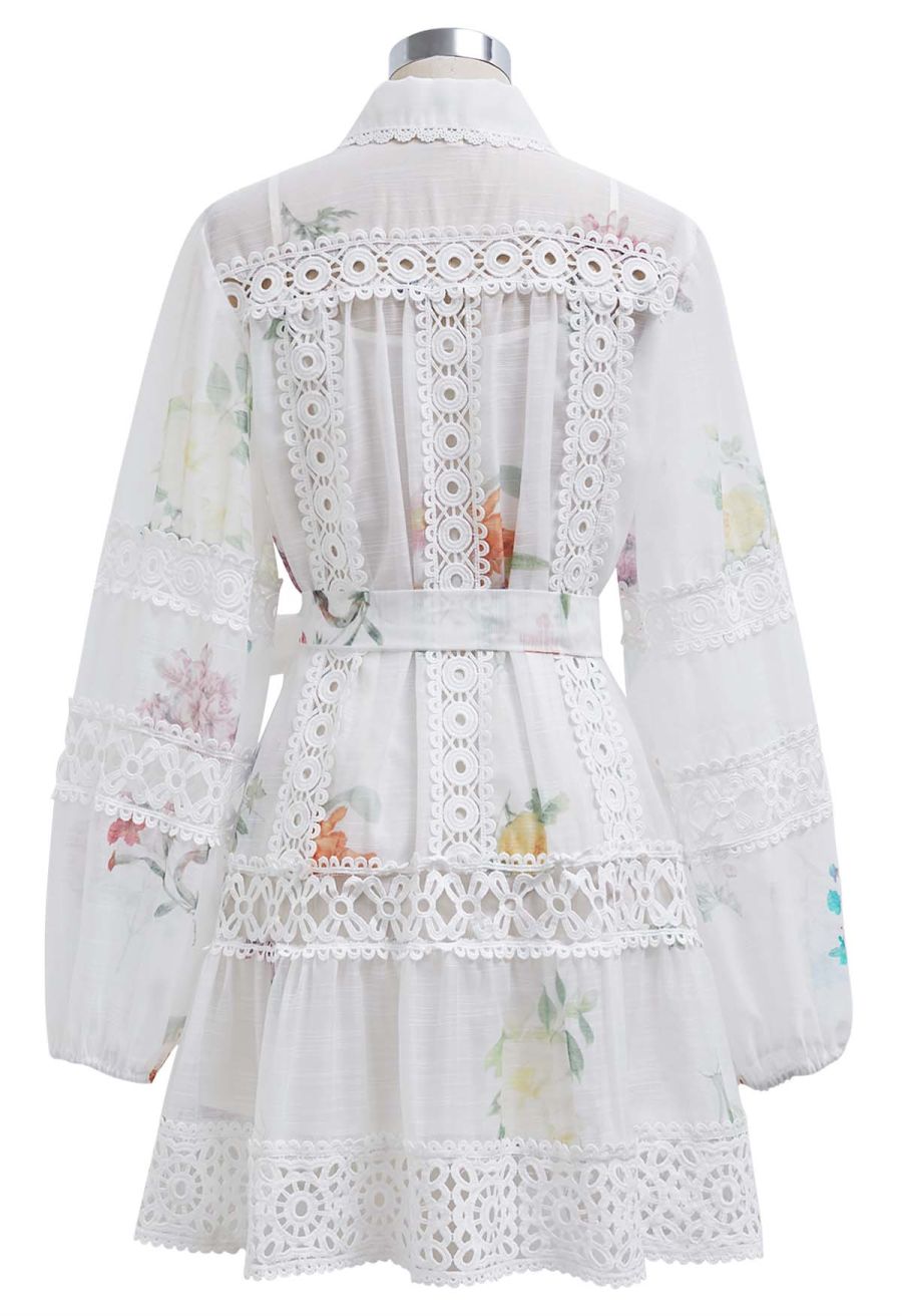 Botanical Print Cutwork Lace Panelled Organza Mini Dress