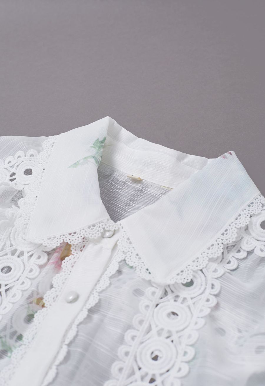 Botanical Print Cutwork Lace Panelled Organza Mini Dress