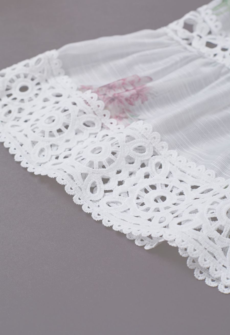 Botanical Print Cutwork Lace Panelled Organza Mini Dress