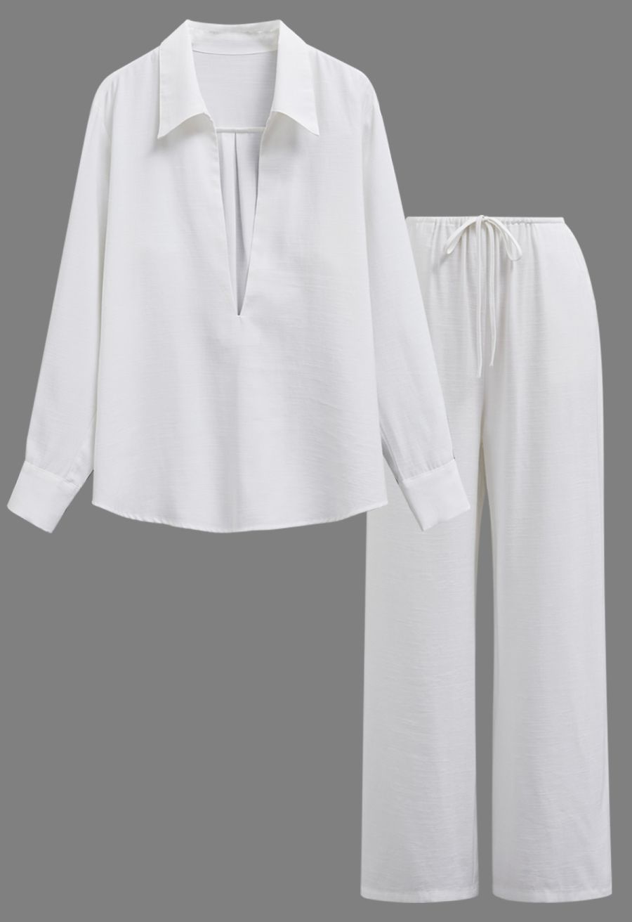 Deep V-Neck Collared Shirt and Drawstring Pants Set in White