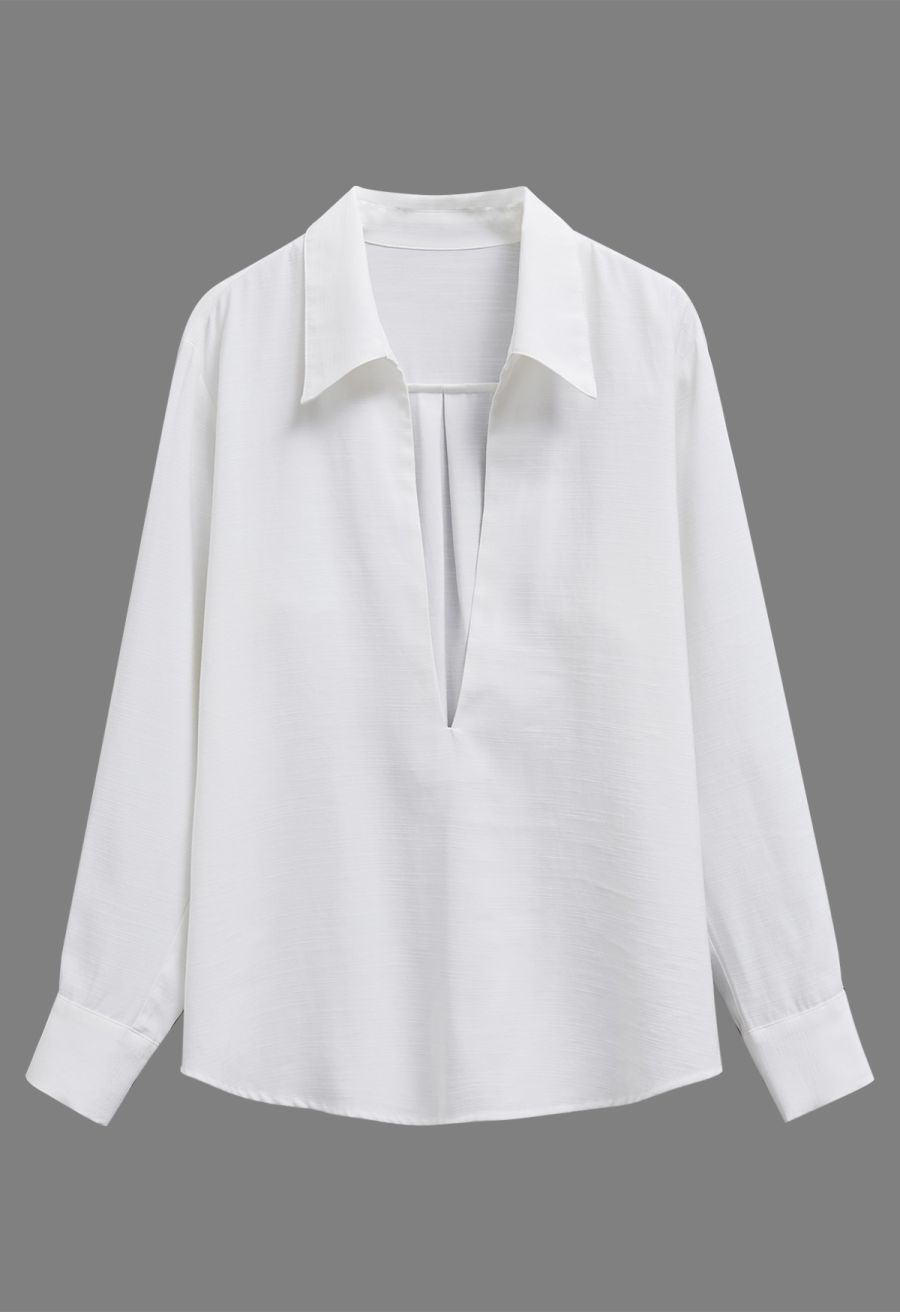 Deep V-Neck Collared Shirt and Drawstring Pants Set in White