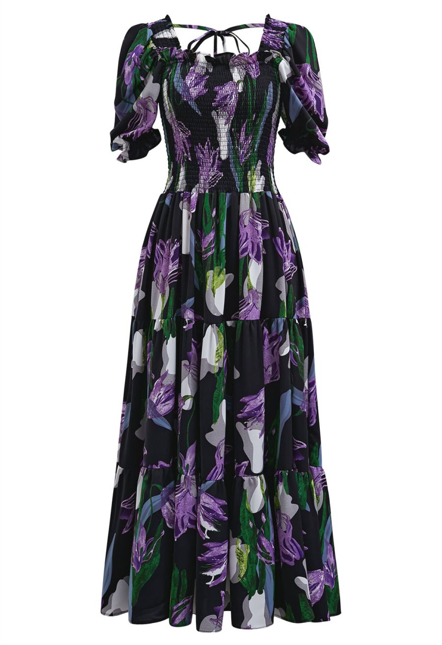 Purple Lily Printed Bubble Short Sleeve Frilling Dress