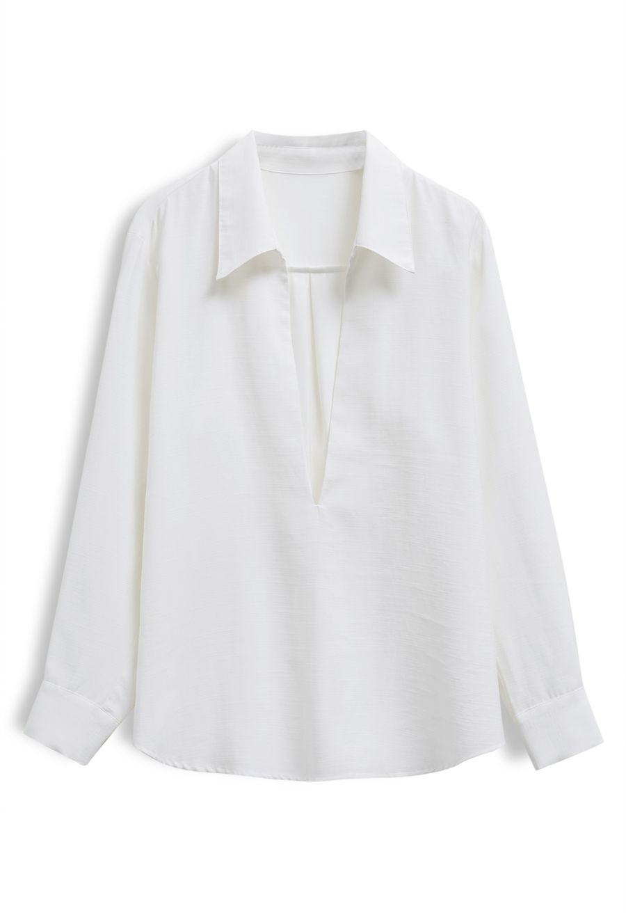 Deep V-Neck Collared Shirt and Drawstring Pants Set in White