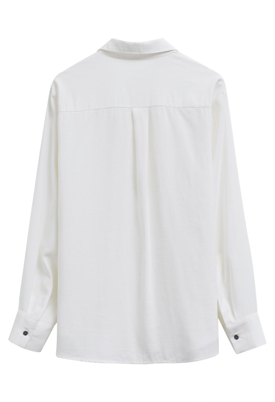 Deep V-Neck Collared Shirt and Drawstring Pants Set in White