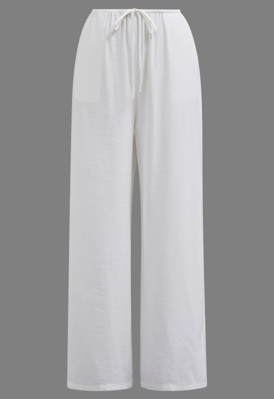 Deep V-Neck Collared Shirt and Drawstring Pants Set in White