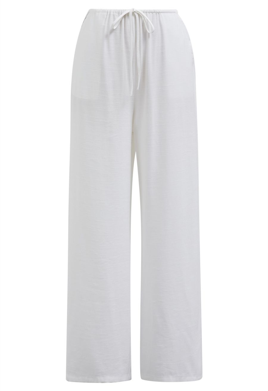 Deep V-Neck Collared Shirt and Drawstring Pants Set in White