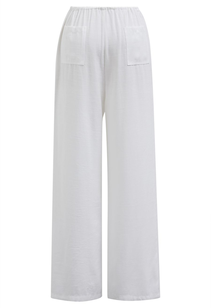 Deep V-Neck Collared Shirt and Drawstring Pants Set in White