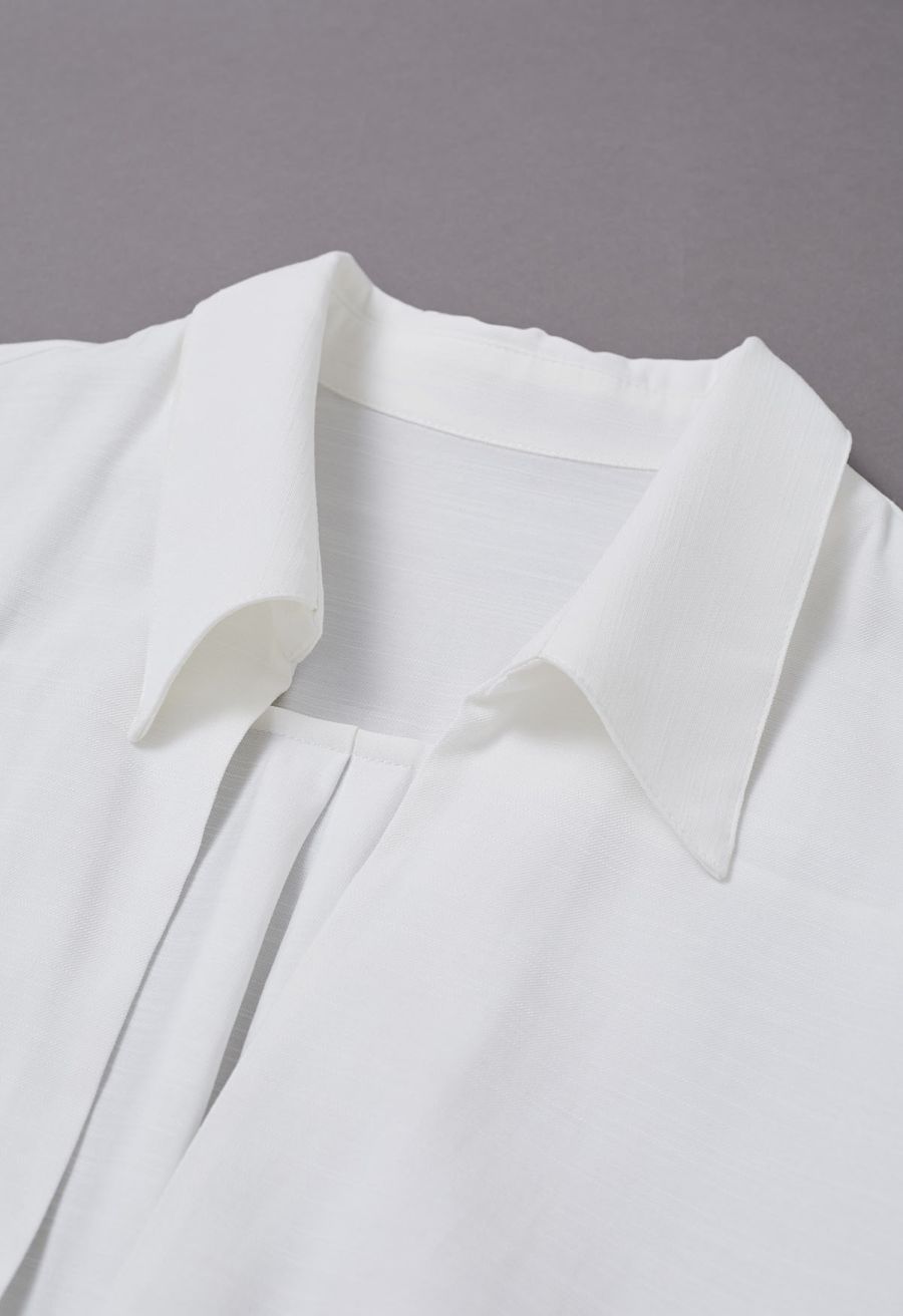 Deep V-Neck Collared Shirt and Drawstring Pants Set in White