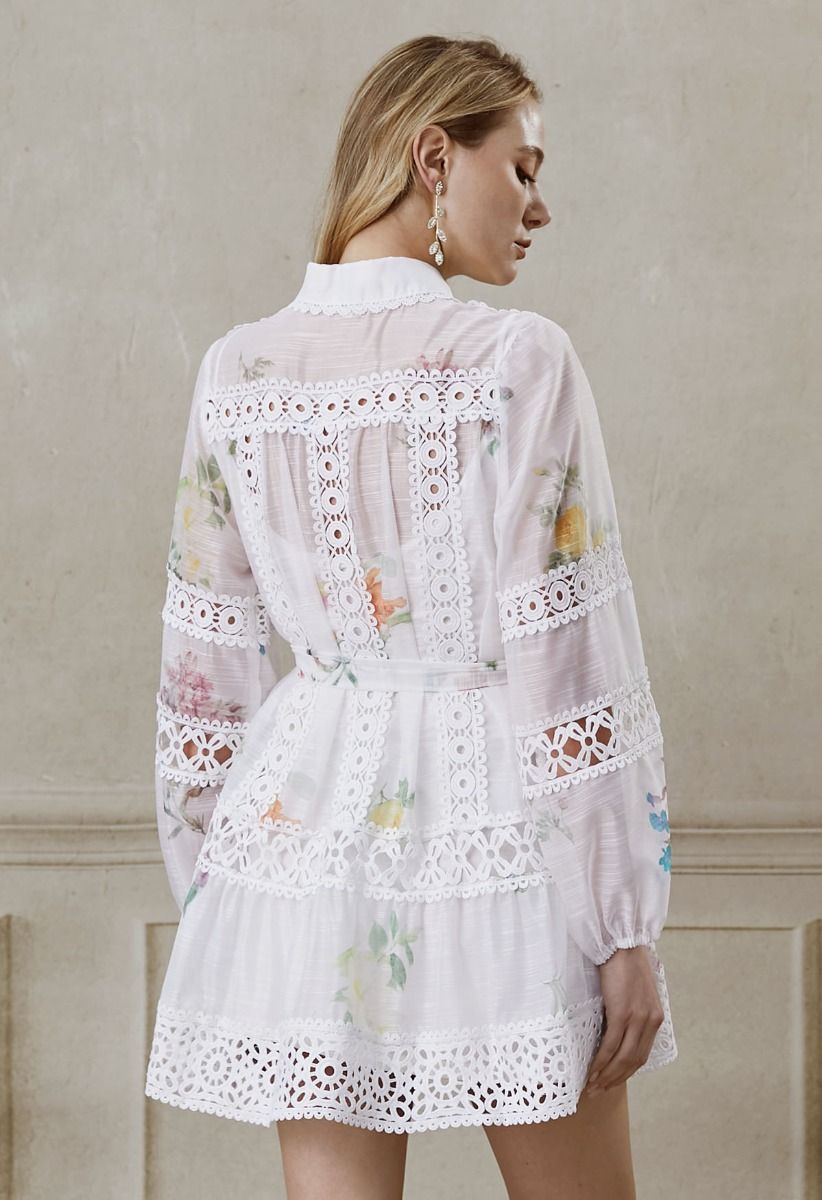 Botanical Print Cutwork Lace Panelled Organza Mini Dress