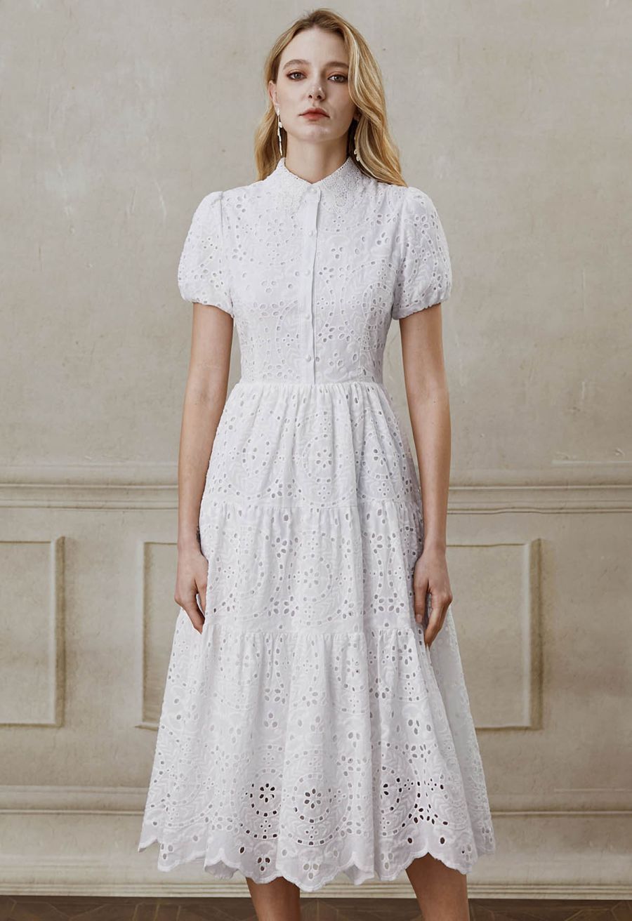 Crochet Collar Embroidered Eyelet Cotton Dress