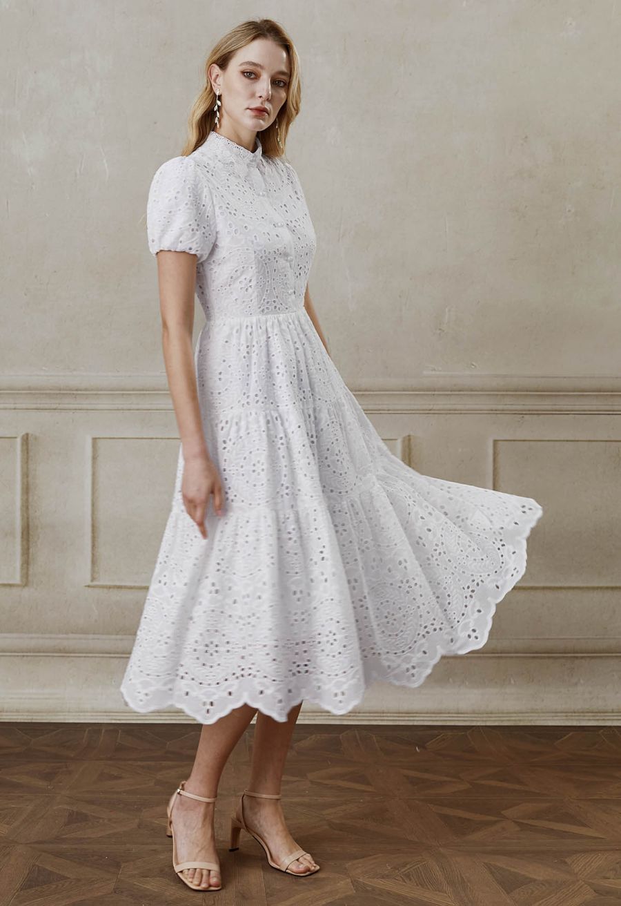 Crochet Collar Embroidered Eyelet Cotton Dress