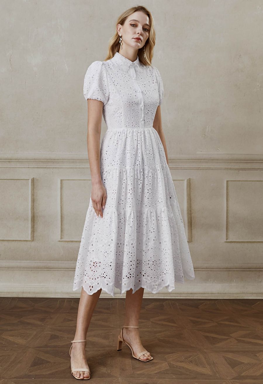 Crochet Collar Embroidered Eyelet Cotton Dress