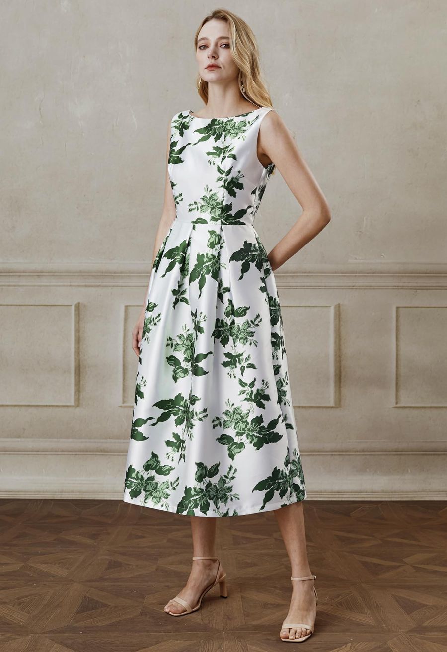 Elegant Nature Green Floral Sleeveless Midi Dress