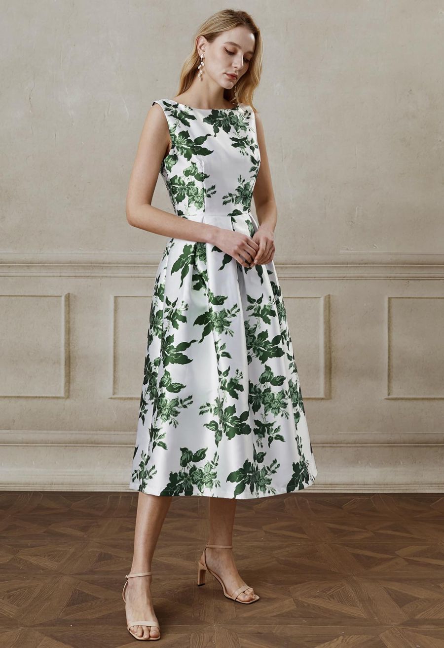 Elegant Nature Green Floral Sleeveless Midi Dress