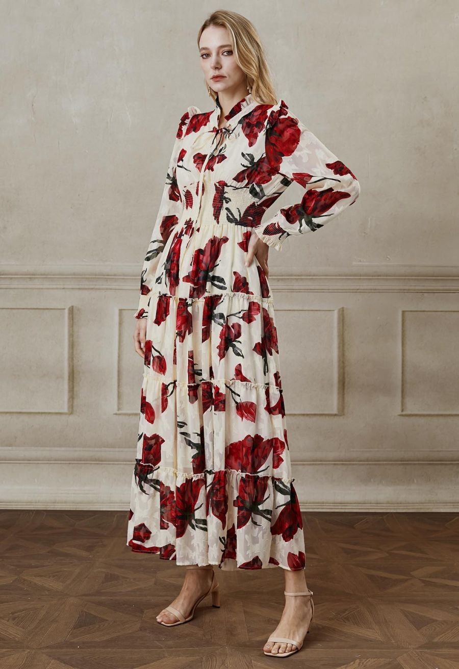 Blooming Rose Jacquard Ruffle Detail Shirred Maxi Dress in Cream