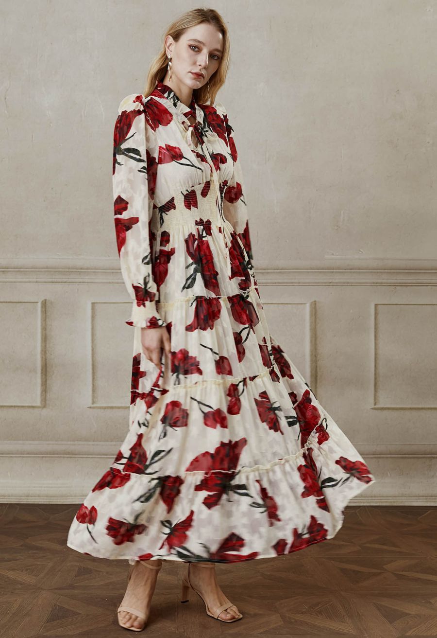 Blooming Rose Jacquard Ruffle Detail Shirred Maxi Dress in Cream