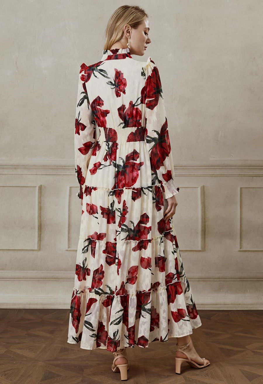 Blooming Rose Jacquard Ruffle Detail Shirred Maxi Dress in Cream