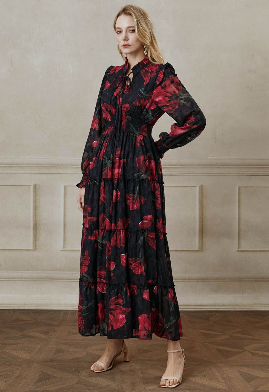 Blooming Rose Jacquard Ruffle Detail Shirred Maxi Dress in Black