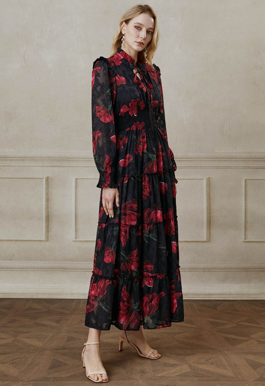 Blooming Rose Jacquard Ruffle Detail Shirred Maxi Dress in Black