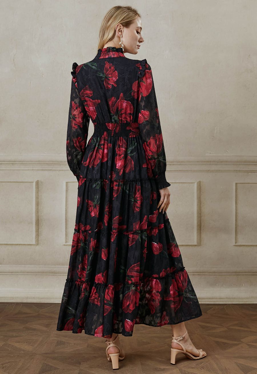 Blooming Rose Jacquard Ruffle Detail Shirred Maxi Dress in Black