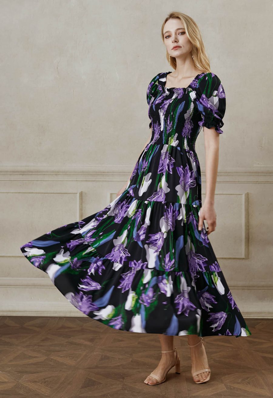 Purple Lily Printed Bubble Short Sleeve Frilling Dress