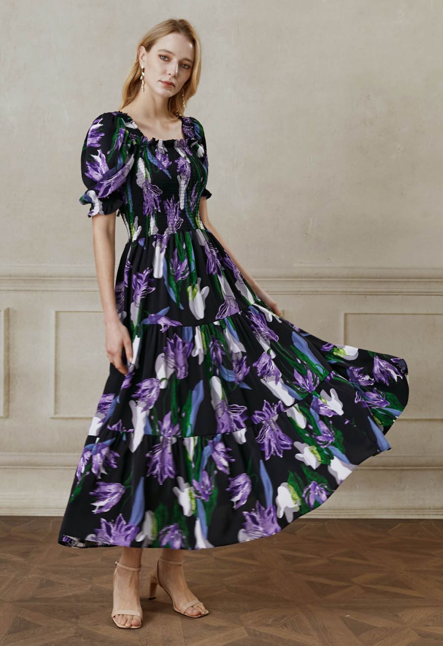 Purple Lily Printed Bubble Short Sleeve Frilling Dress