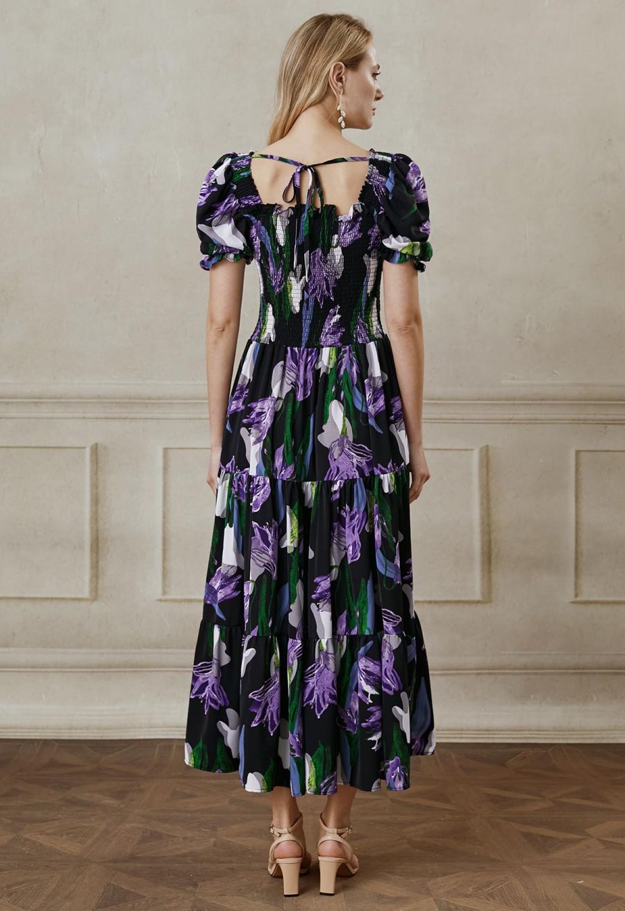 Purple Lily Printed Bubble Short Sleeve Frilling Dress