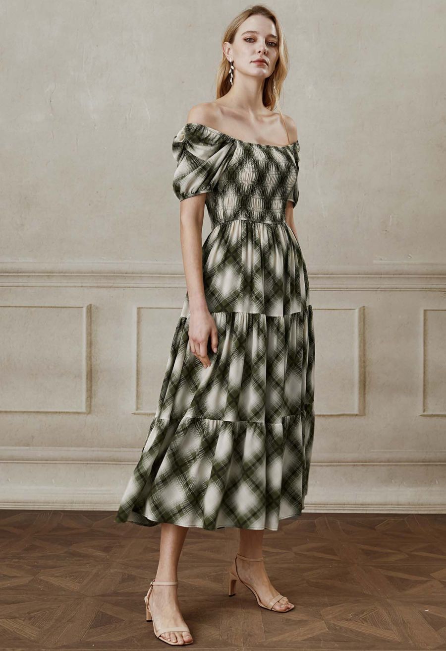Green Diamond Printed Bubble Short Sleeve Frilling Dress