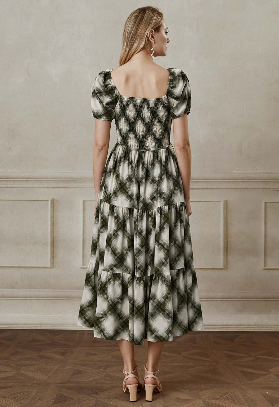 Green Diamond Printed Bubble Short Sleeve Frilling Dress