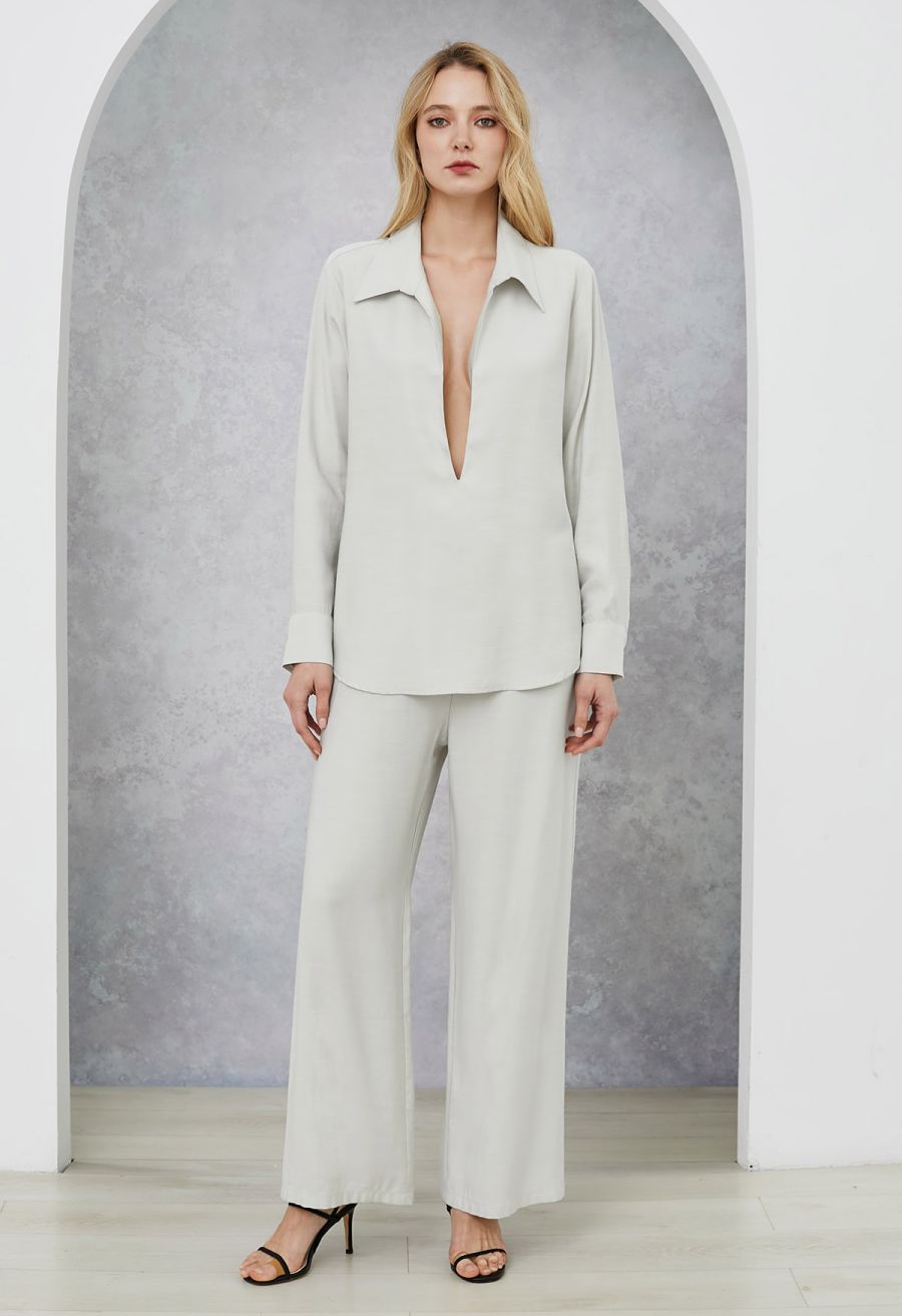Deep V-Neck Collared Shirt and Drawstring Pants Set in Sage