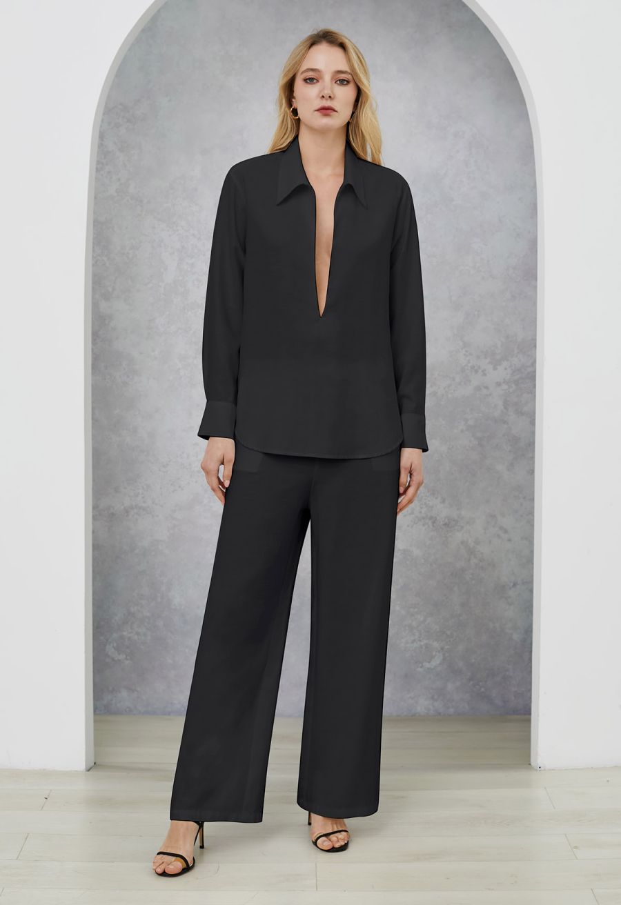 Deep V-Neck Collared Shirt and Drawstring Pants Set in Black