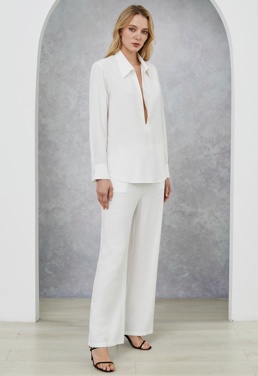 Deep V-Neck Collared Shirt and Drawstring Pants Set in White