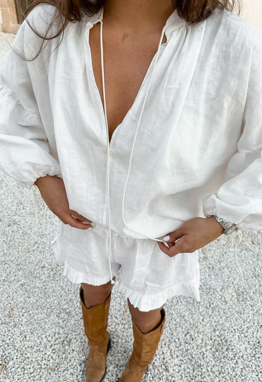 Lantern Sleeve Drawstring Shirt and Shorts Set in White
