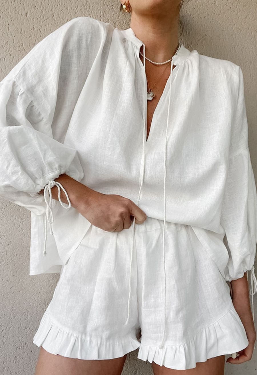 Lantern Sleeve Drawstring Shirt and Shorts Set in White