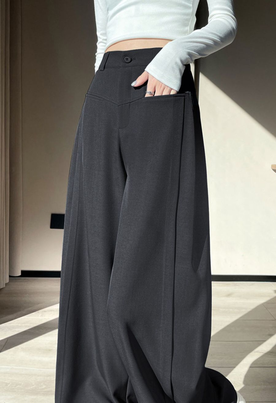 Front Welt Pockets Wide-Leg Pants in Smoke