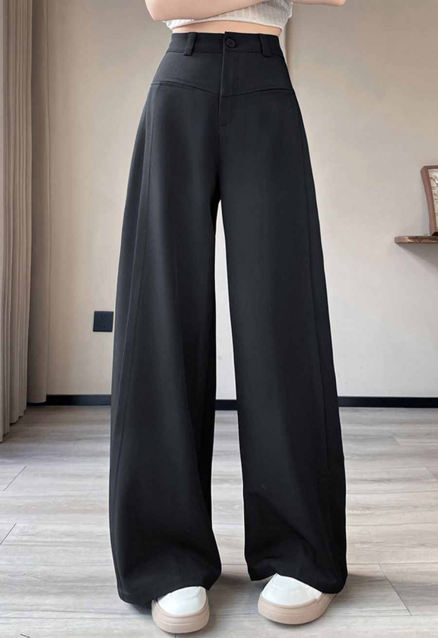 Front Welt Pockets Wide-Leg Pants in Black