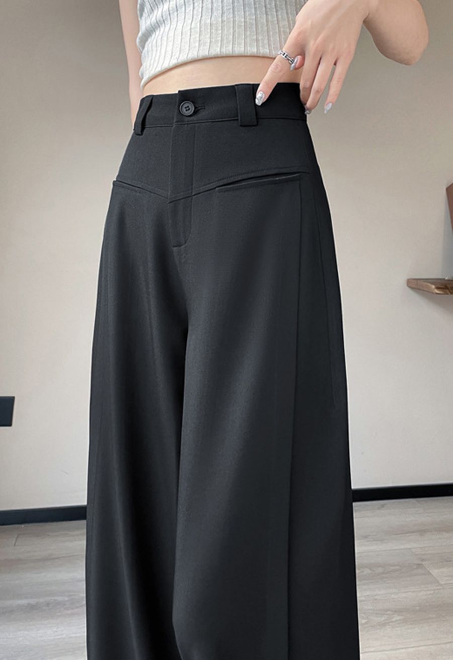 Front Welt Pockets Wide-Leg Pants in Black