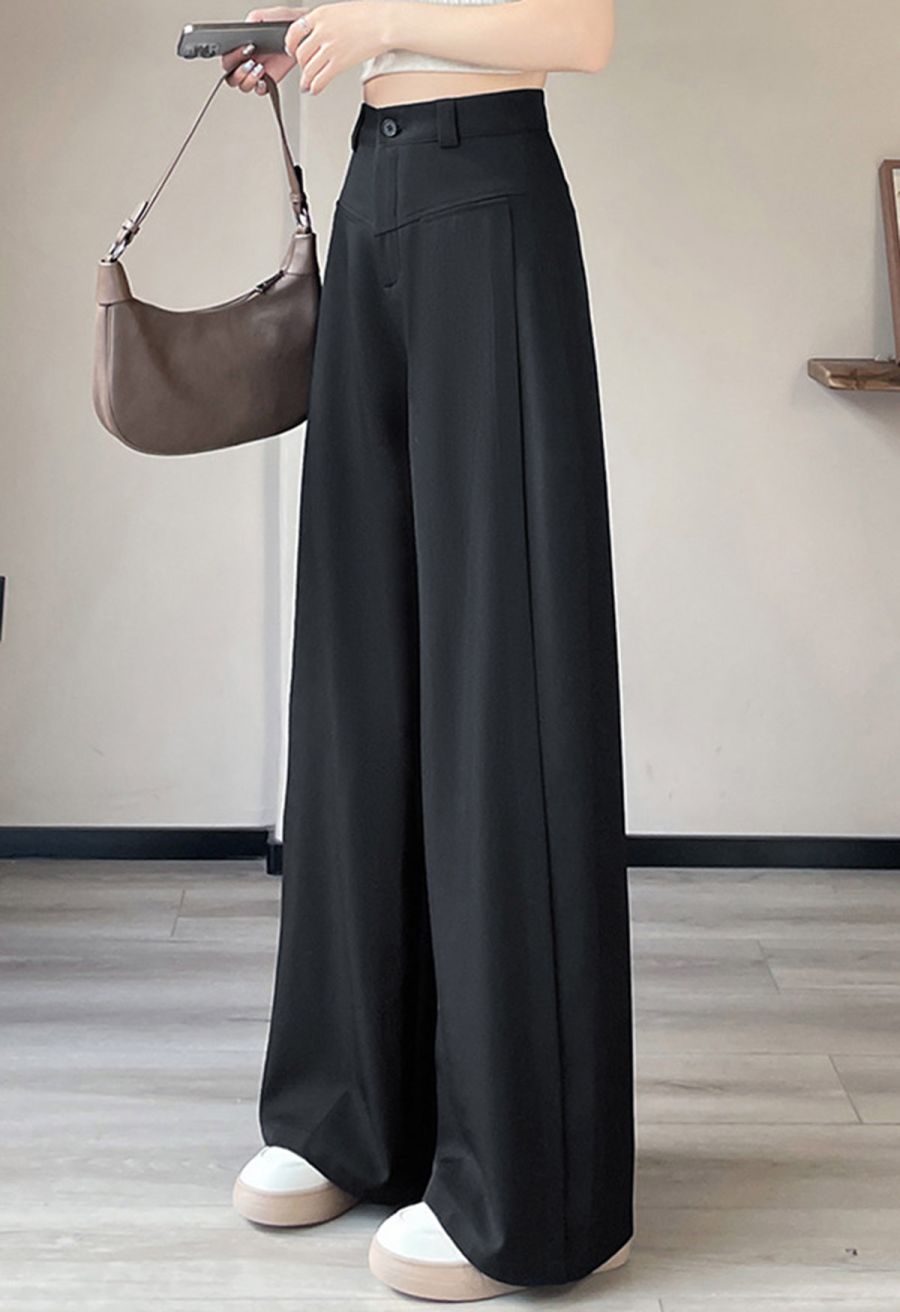 Front Welt Pockets Wide-Leg Pants in Black