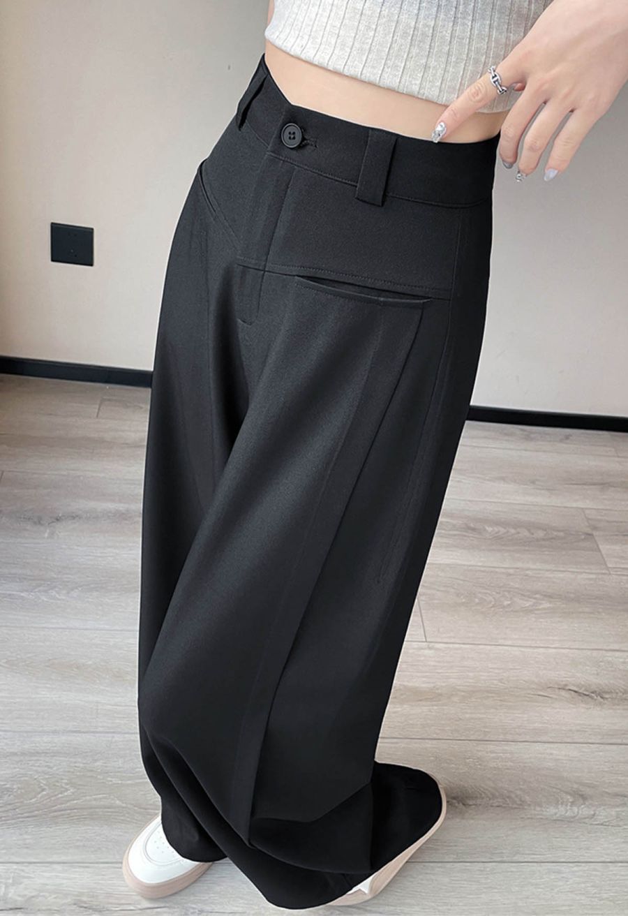 Front Welt Pockets Wide-Leg Pants in Black