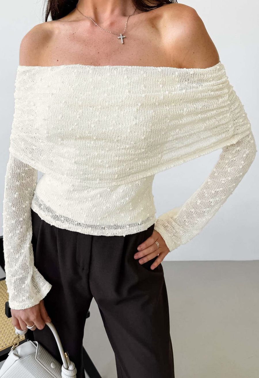 Flock Dot Flap Off-Shoulder Knit Top