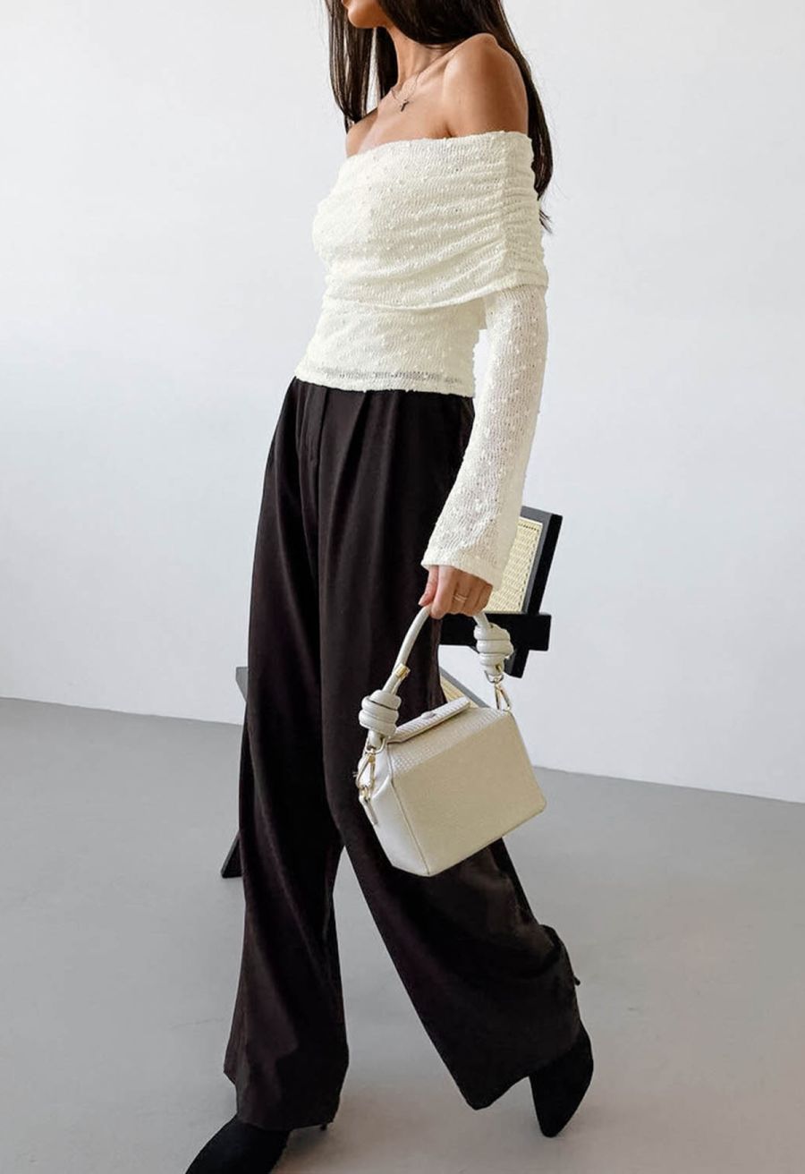 Flock Dot Flap Off-Shoulder Knit Top