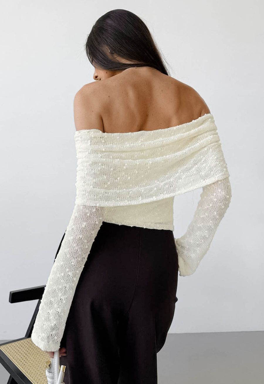 Flock Dot Flap Off-Shoulder Knit Top