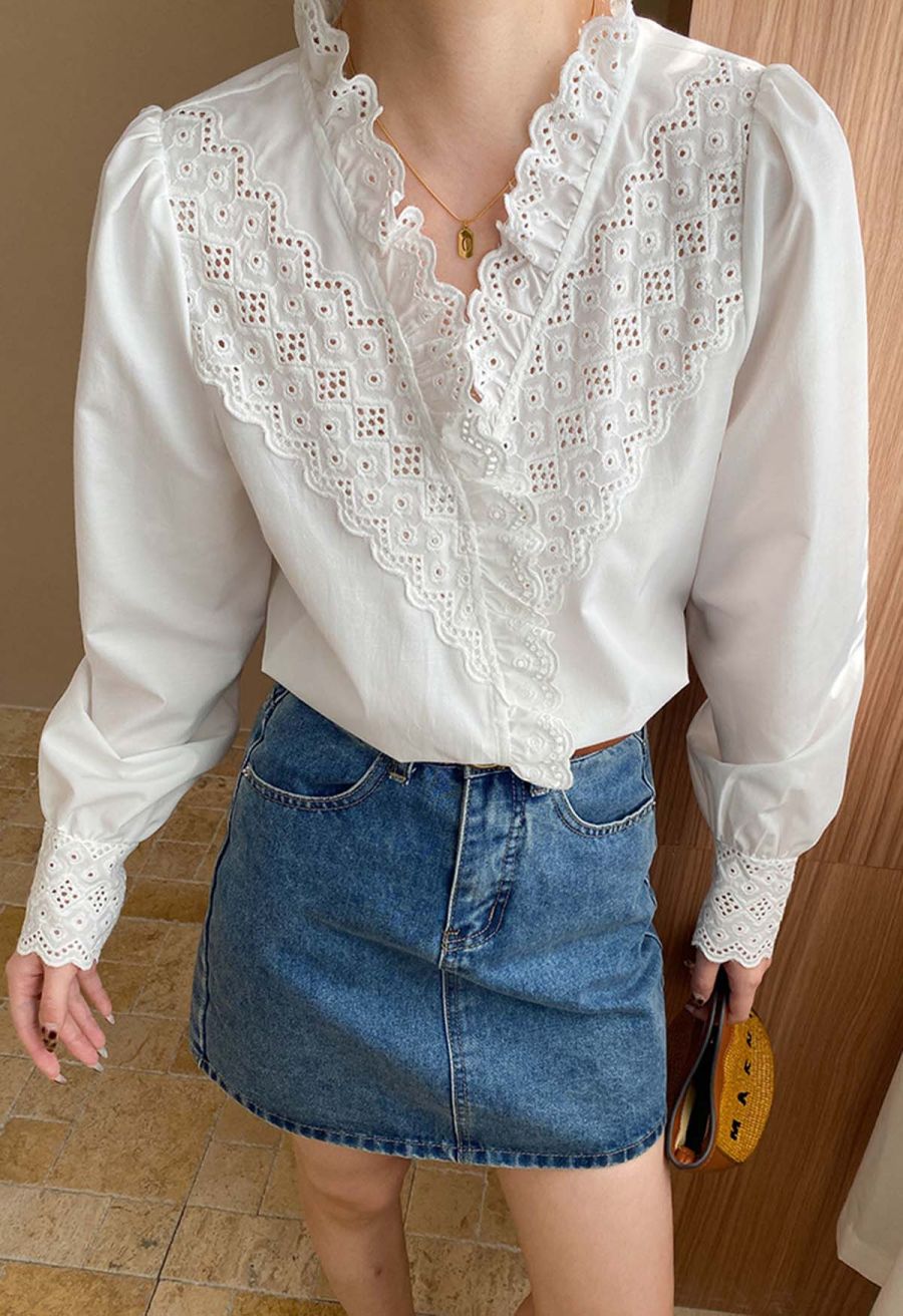 V-Neck Eyelet Embroidered Ruffle Trim Shirt