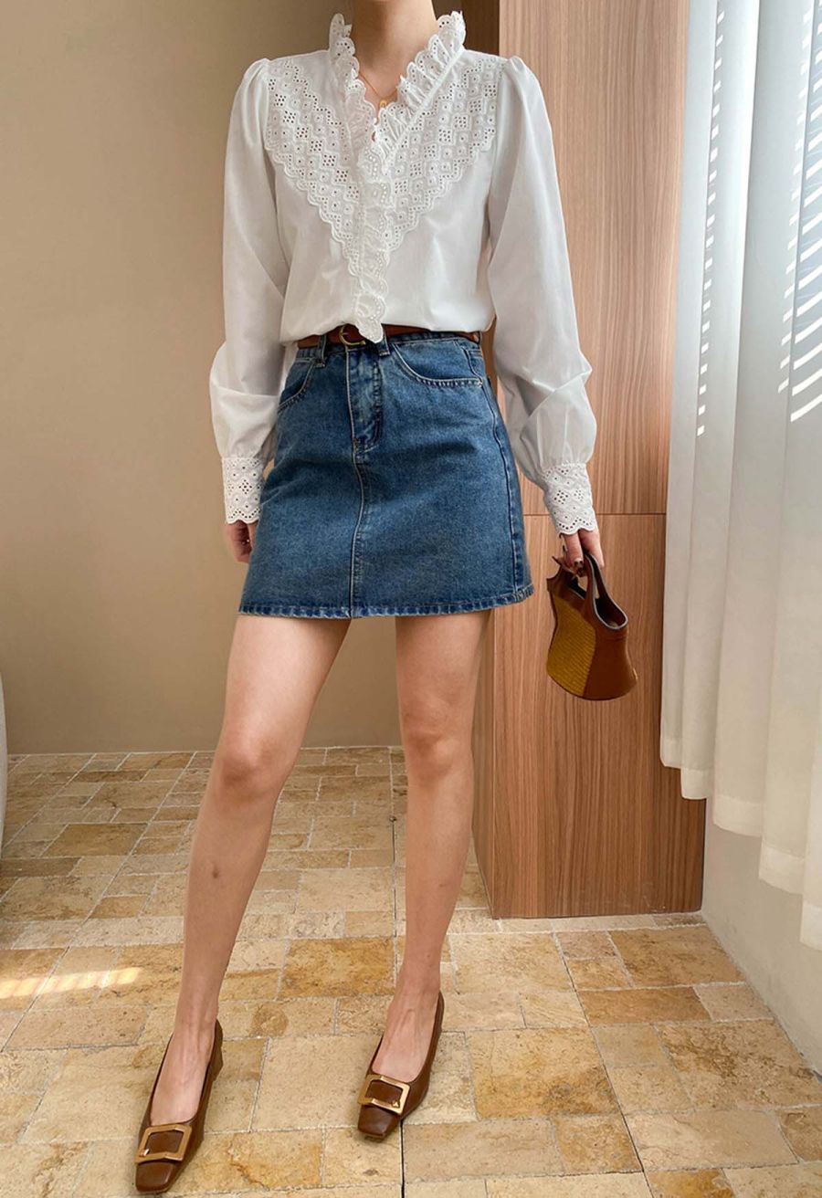 V-Neck Eyelet Embroidered Ruffle Trim Shirt