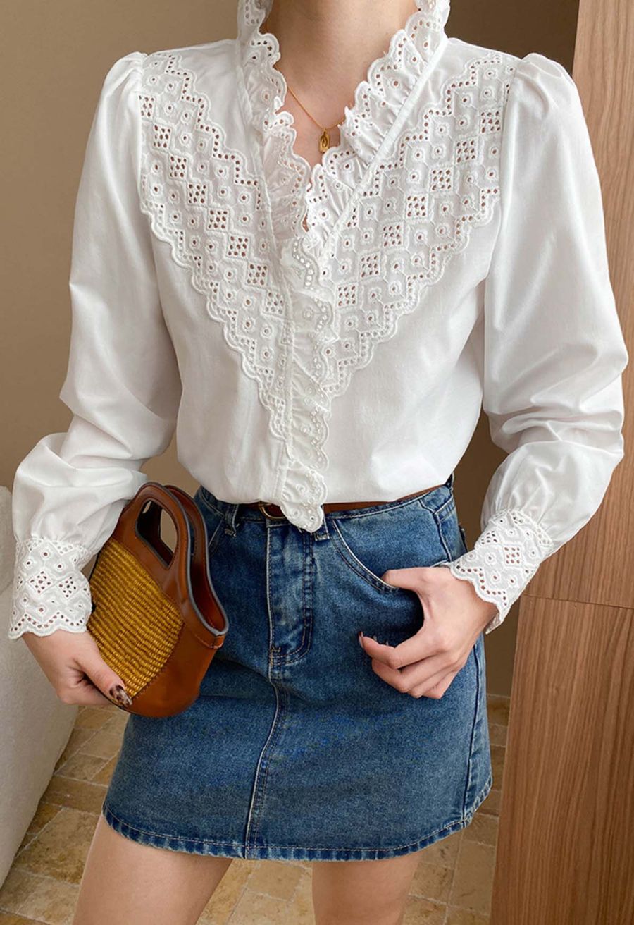V-Neck Eyelet Embroidered Ruffle Trim Shirt