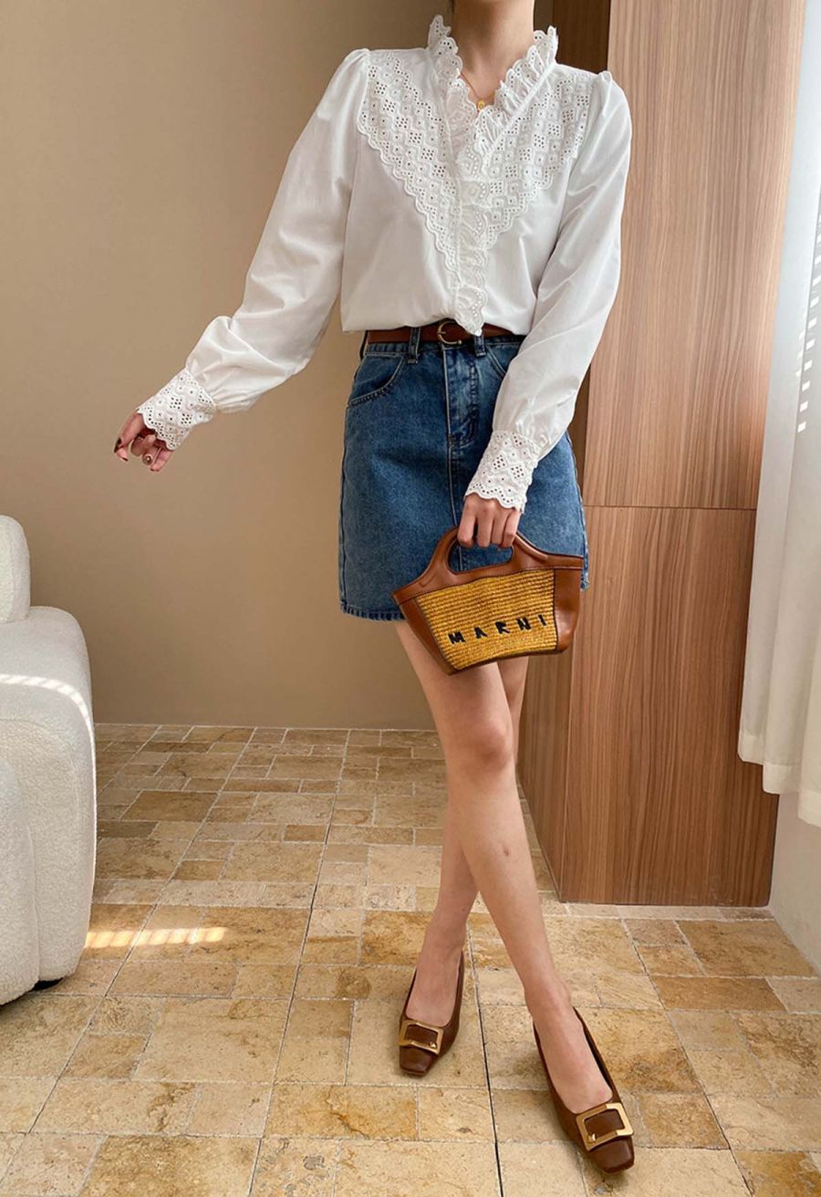 V-Neck Eyelet Embroidered Ruffle Trim Shirt