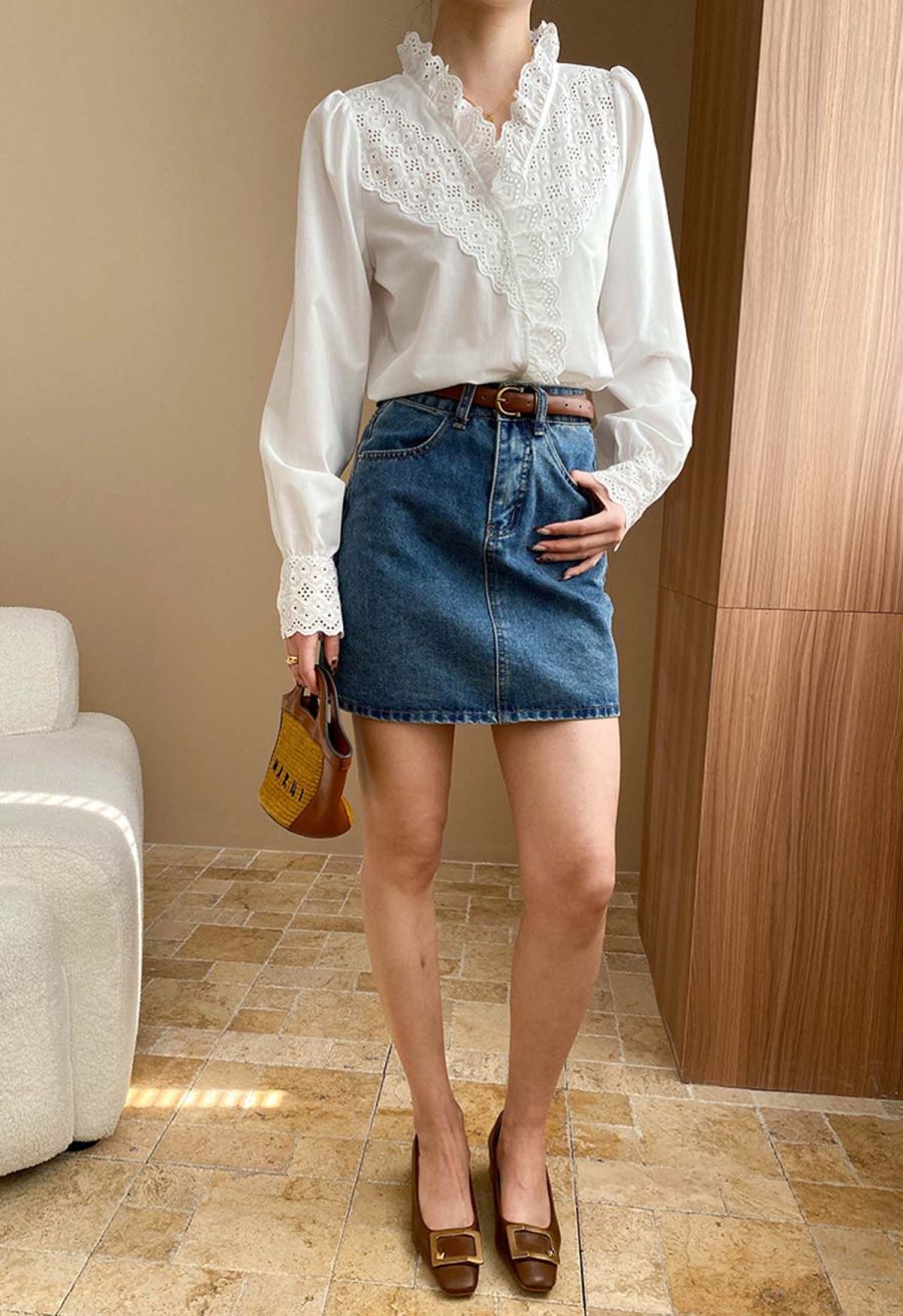 V-Neck Eyelet Embroidered Ruffle Trim Shirt