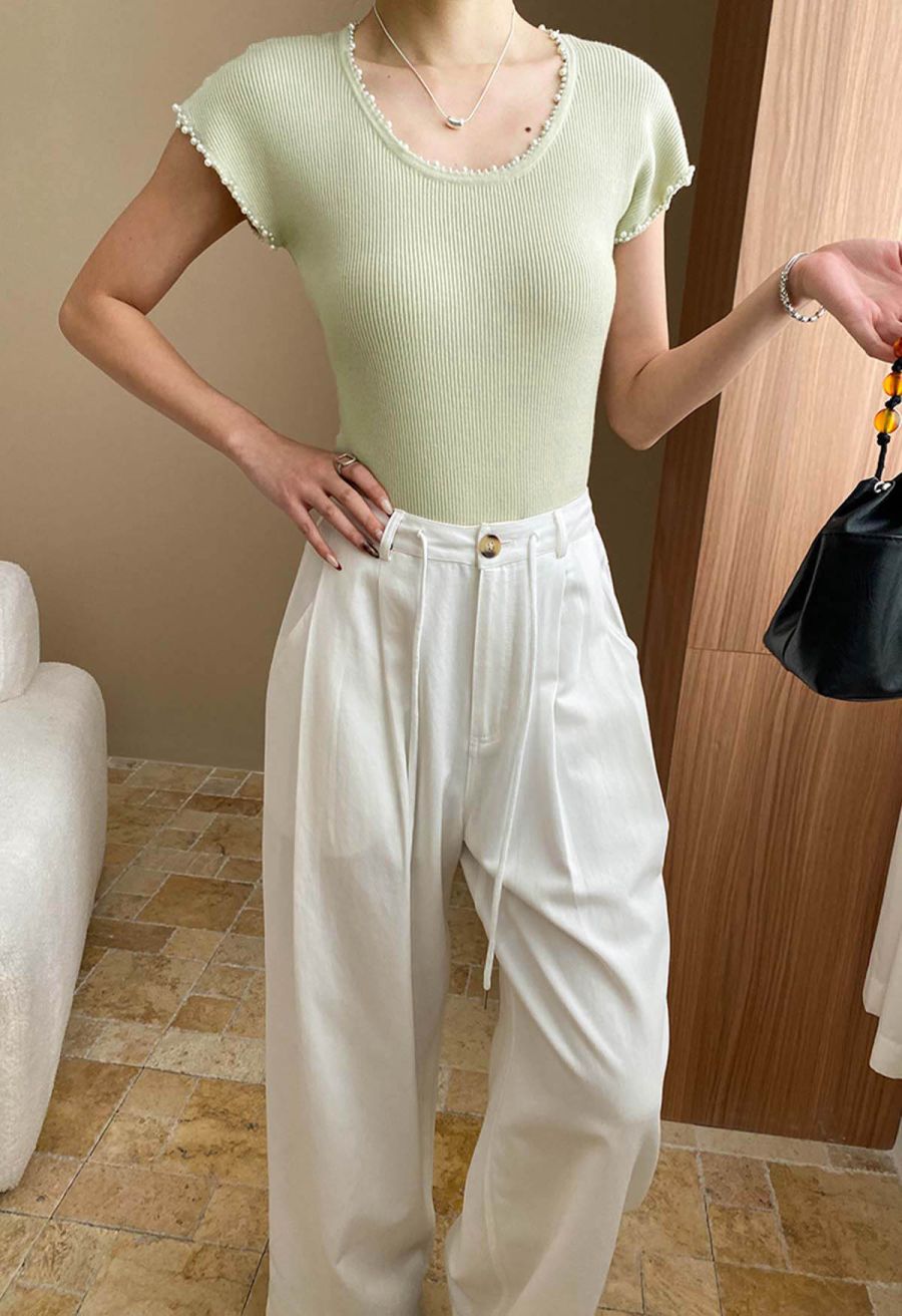 Pearl Trim Round Neck Short Sleeve Knit Top in Pistachio