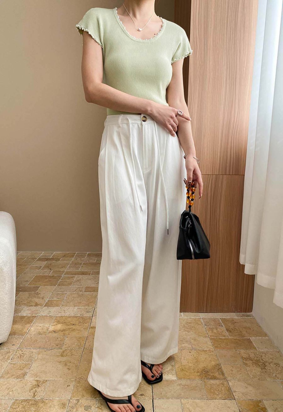 Pearl Trim Round Neck Short Sleeve Knit Top in Pistachio